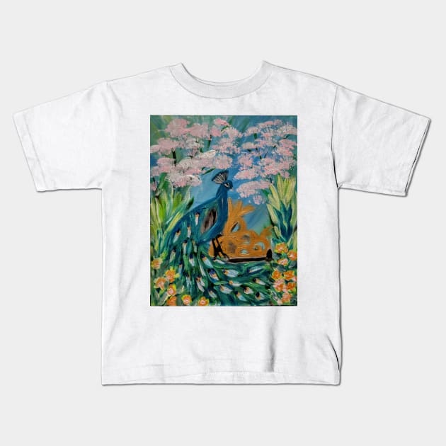 A peacock sitting on a gate in n a garden with flowers and cherry blossoms around it . Kids T-Shirt by kkartwork